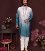Teal ombre sequins embroidered cotton kurta for men | festive designer ethnic wear