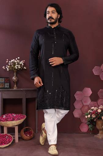 Black mirror work cotton blend kurta for men | designer festive ethnic wear trendy style