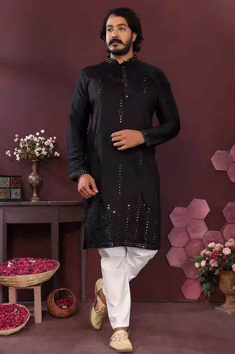 Black mirror work cotton blend kurta for men | designer festive ethnic wear trendy style