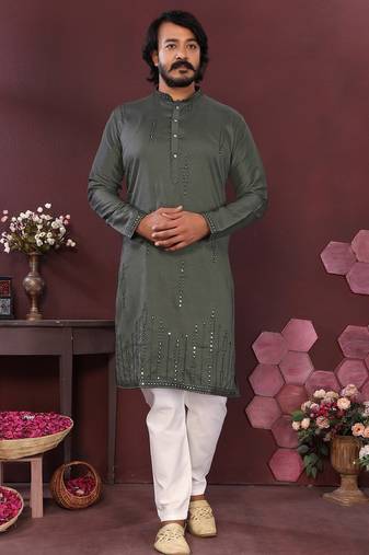Olive green mirror work cotton blend straight kurta for men | embroidered festive wear trendy