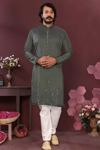 Olive green mirror work cotton blend straight kurta for men | embroidered festive wear trendy