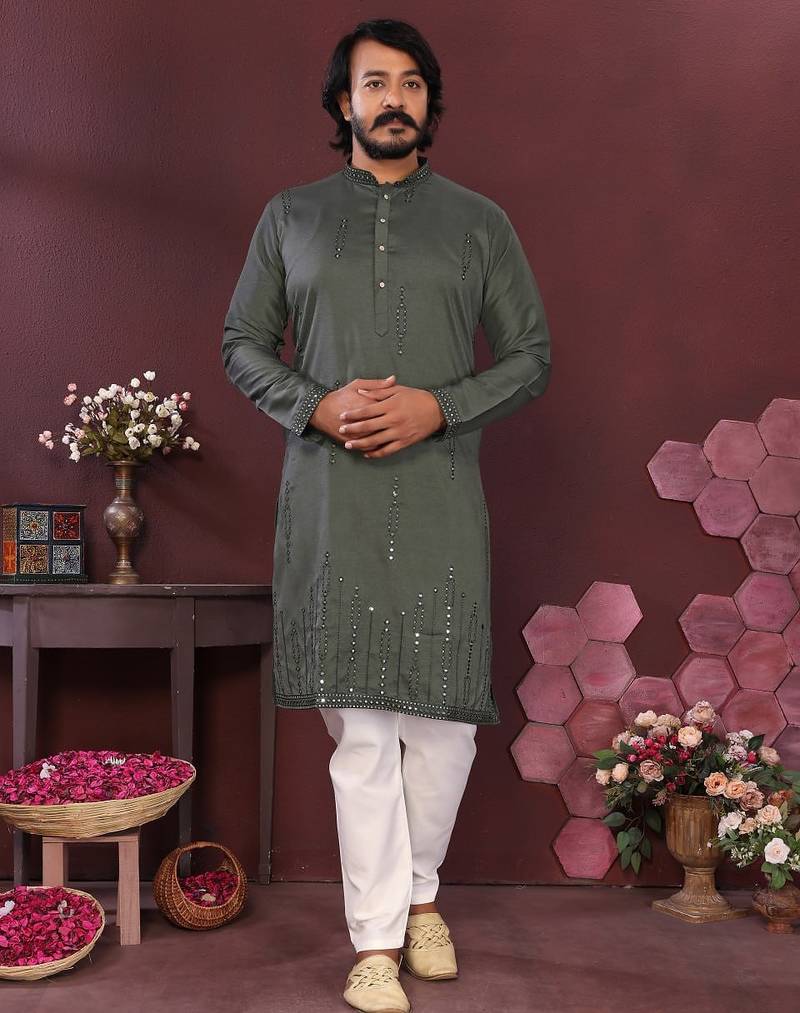 Olive green mirror work cotton blend straight kurta for men | embroidered festive wear trendy