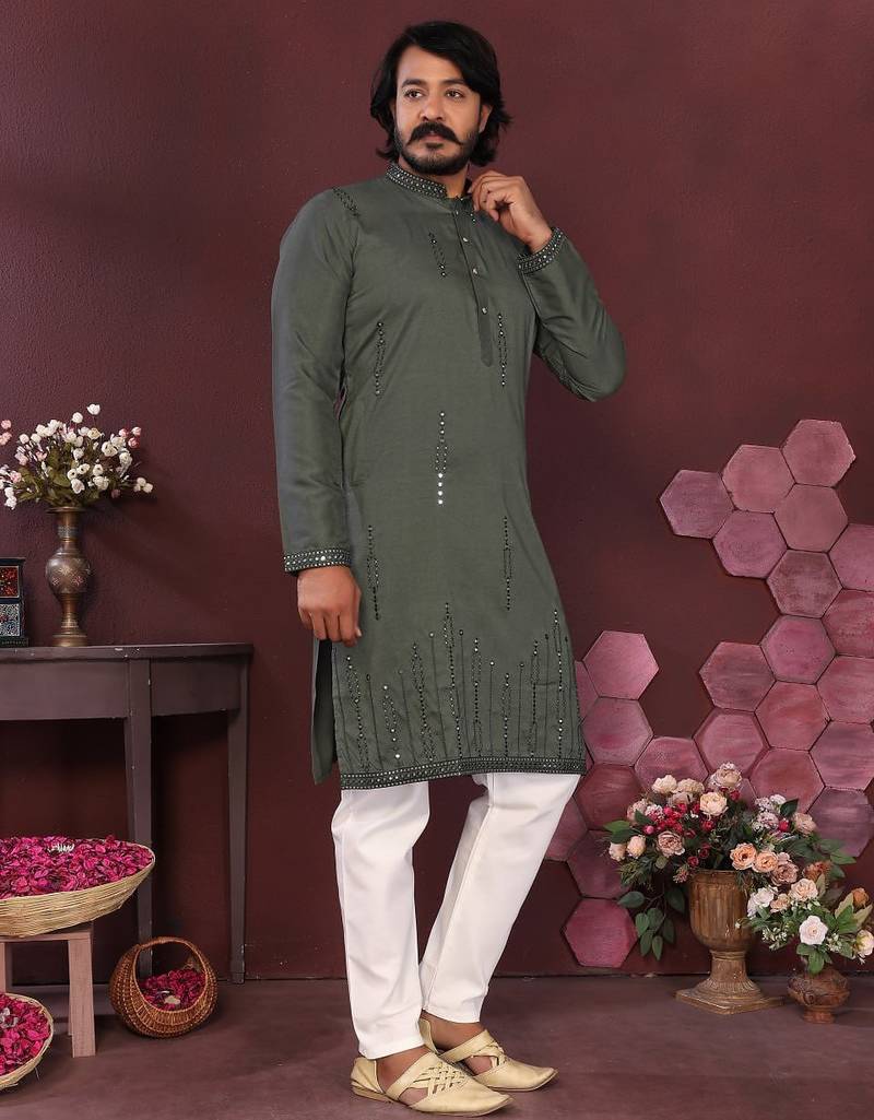 Olive green mirror work cotton blend straight kurta for men | embroidered festive wear trendy