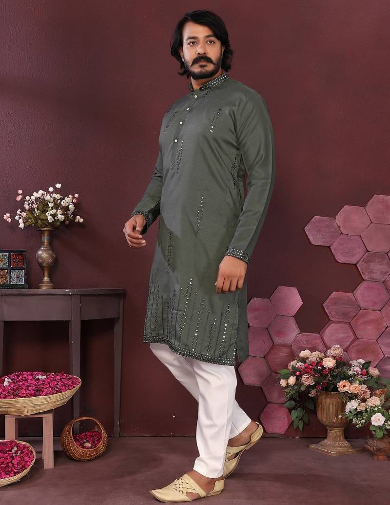 Olive green mirror work cotton blend straight kurta for men | embroidered festive wear trendy