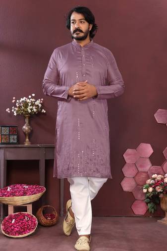 Mauve mirror work embroidered cotton blend band collar kurta pajama set for men festive wear