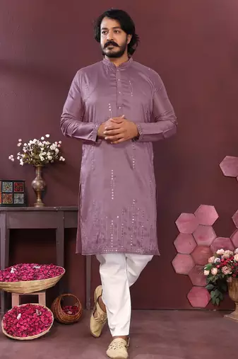 Mauve mirror work embroidered cotton blend band collar kurta pajama set for men festive wear