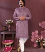 Mauve mirror work embroidered cotton blend band collar kurta pajama set for men festive wear