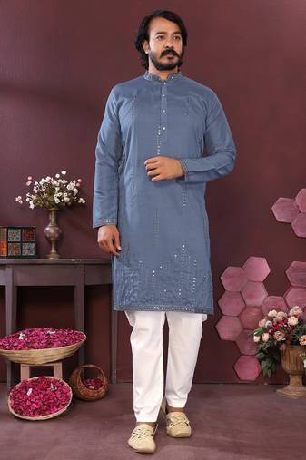 Dusty blue mirror work cotton blend straight kurta for men | festive ethnic trendy wear