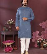 Dusty blue mirror work cotton blend straight kurta for men | festive ethnic trendy wear