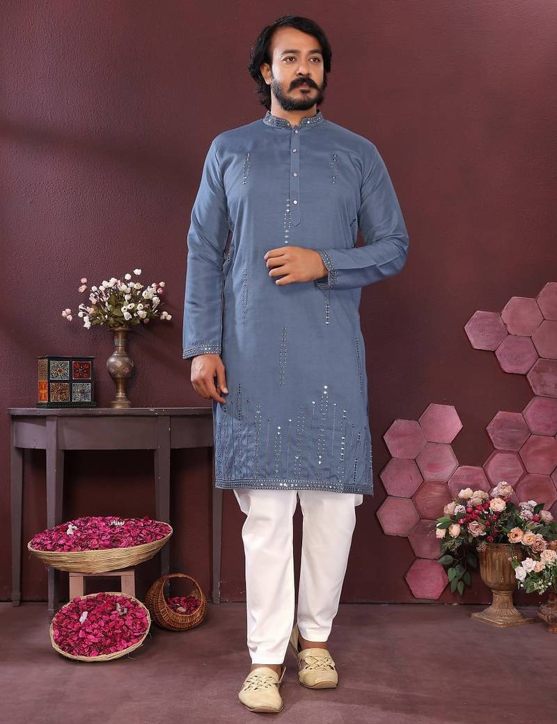 Dusty blue mirror work cotton blend straight kurta for men | festive ethnic trendy wear