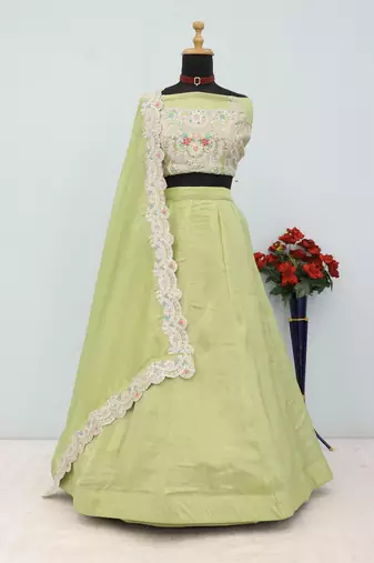 Pista Gold Crush Sequins and Thread Embroidery Work Unstitched Lehenga Choli