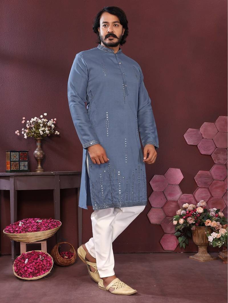 Dusty blue mirror work cotton blend straight kurta for men | festive ethnic trendy wear
