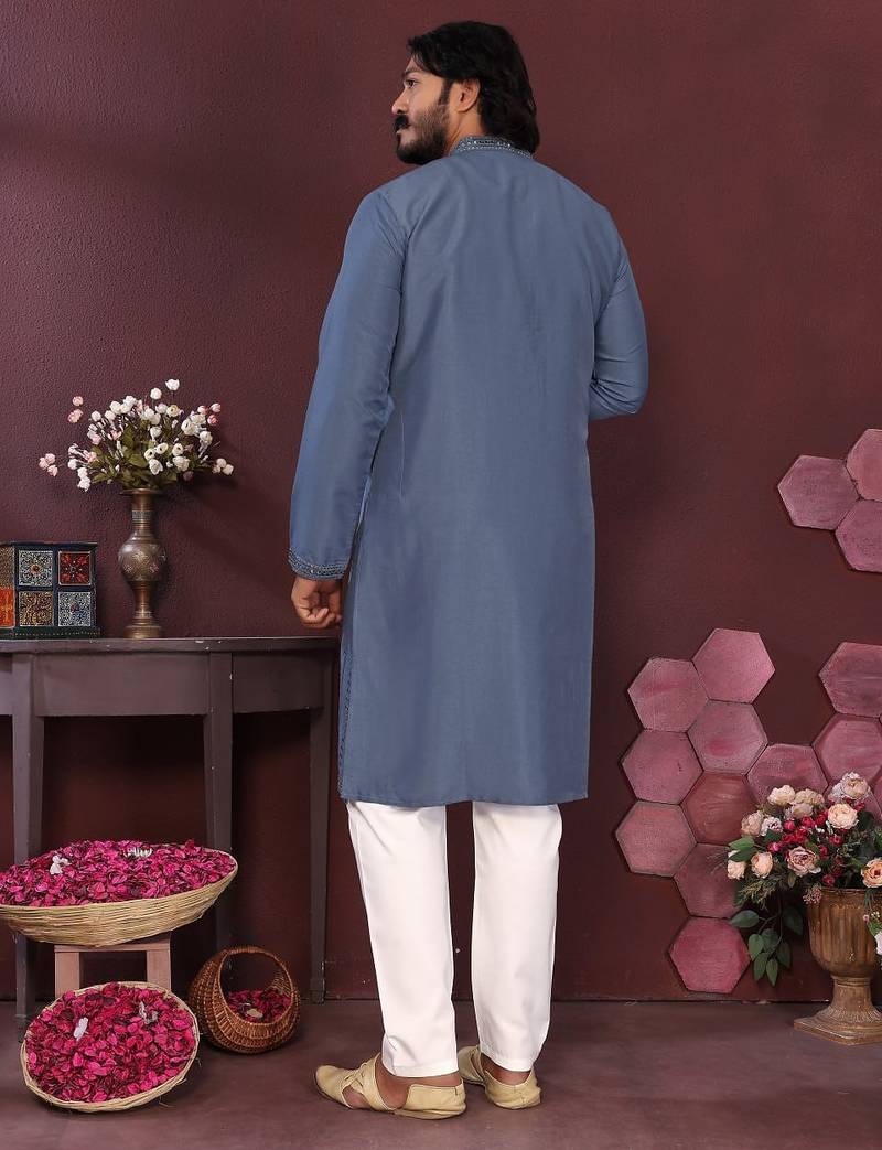 Dusty blue mirror work cotton blend straight kurta for men | festive ethnic trendy wear