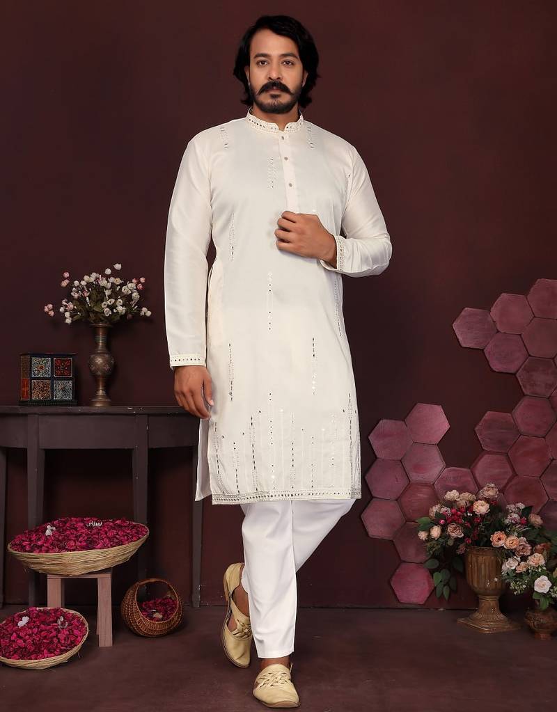 White mirror work embroidered cotton kurta pajama set for men | festive trending wear