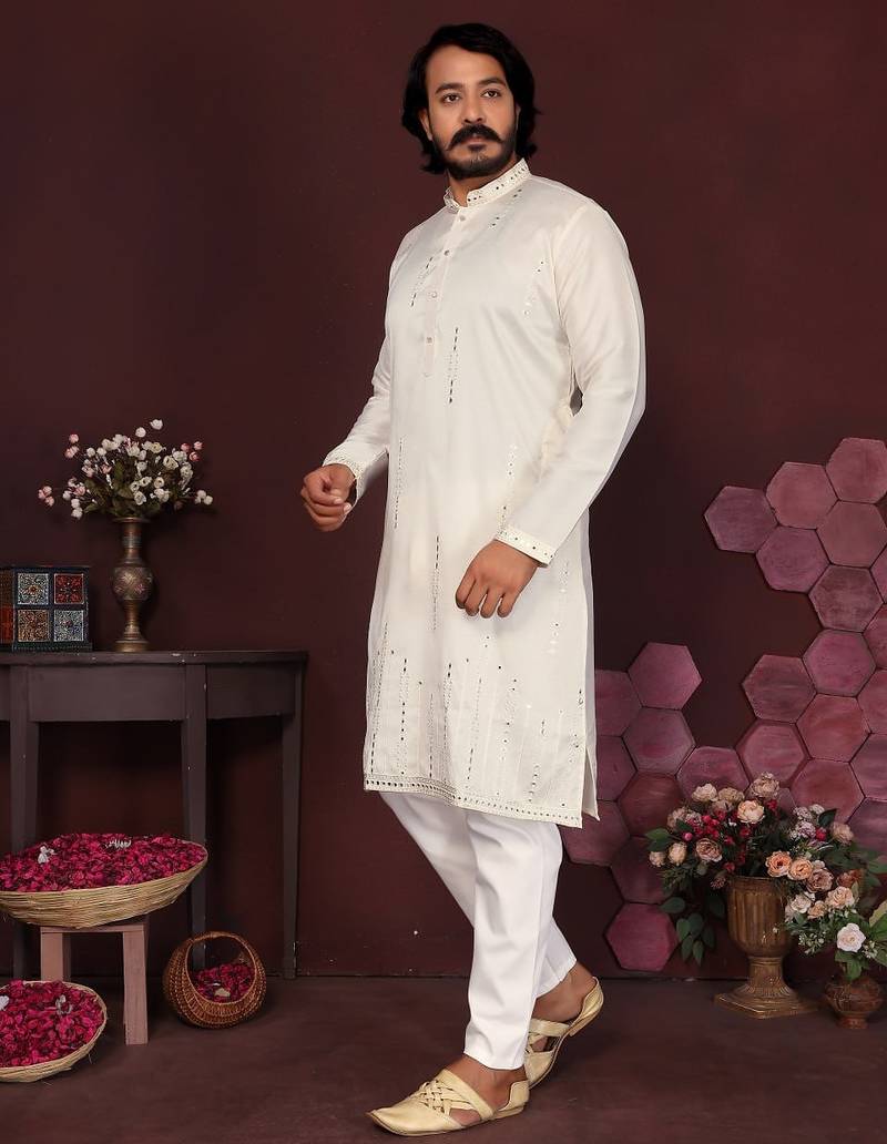 White mirror work embroidered cotton kurta pajama set for men | festive trending wear