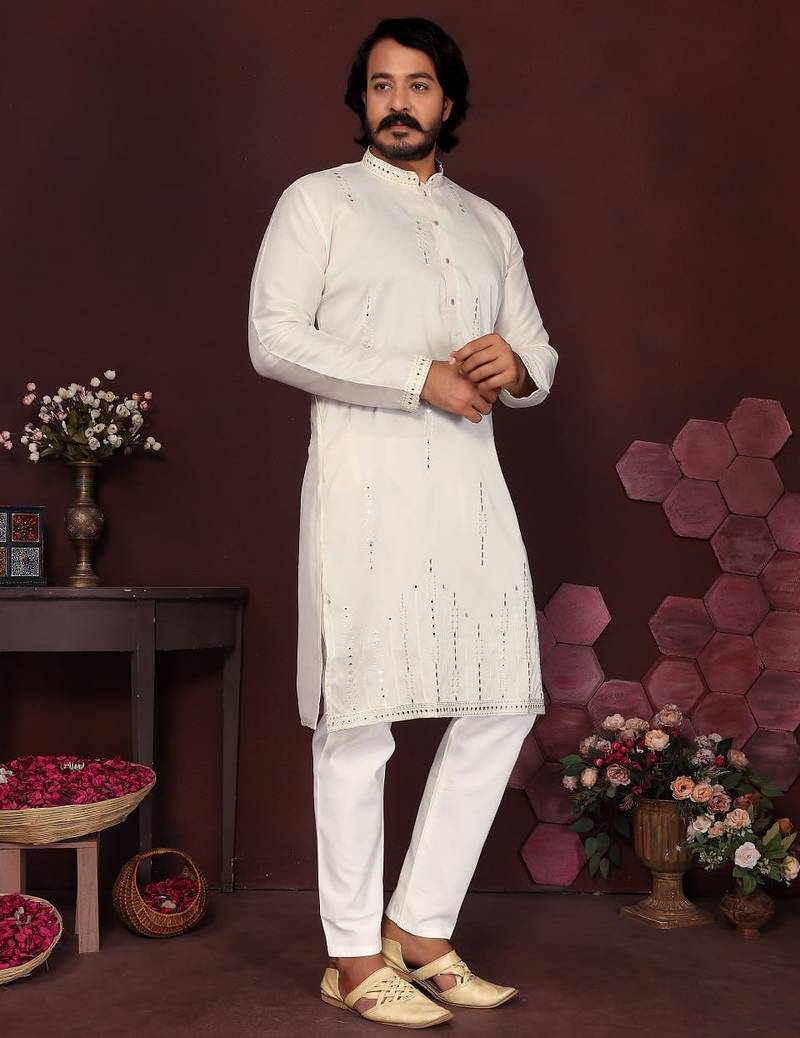 White mirror work embroidered cotton kurta pajama set for men | festive trending wear