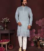 Sky blue embroidered cotton blend band collar men's designer kurta pyjama set     festive wear