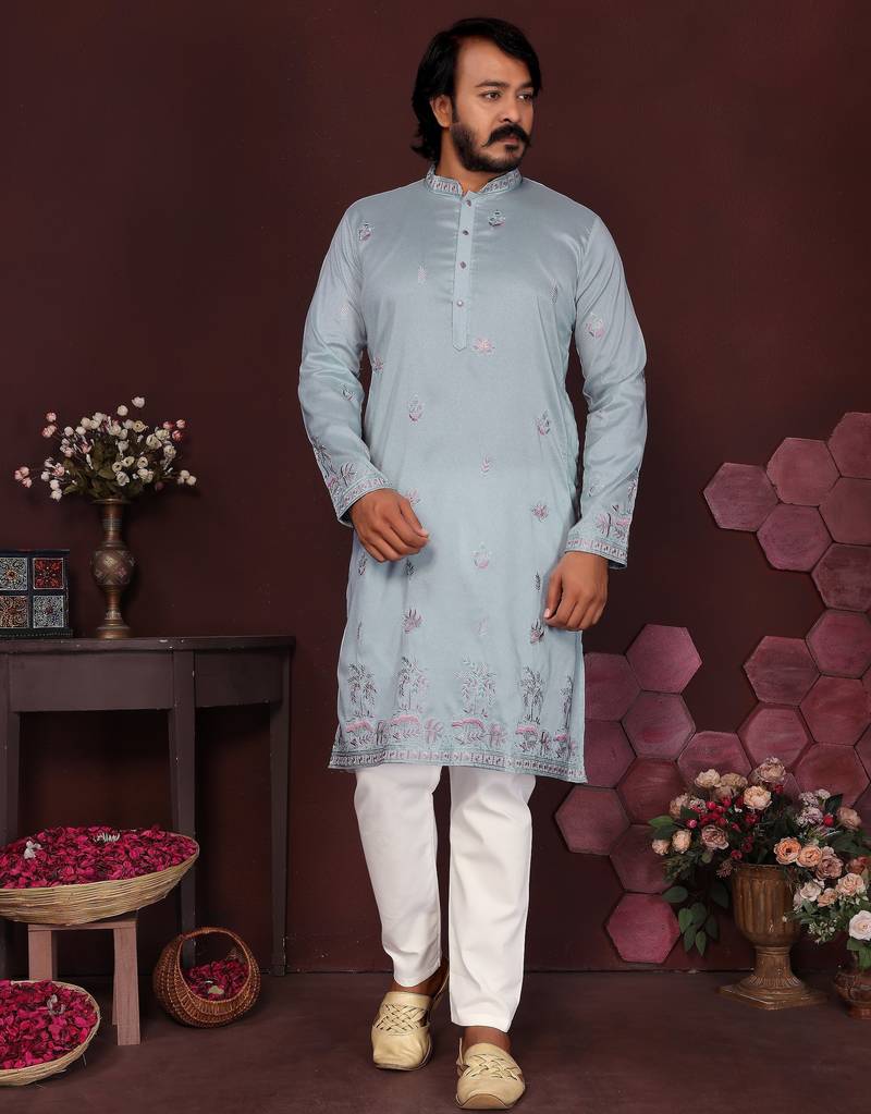 Sky blue embroidered cotton blend band collar men's designer kurta pyjama set     festive wear