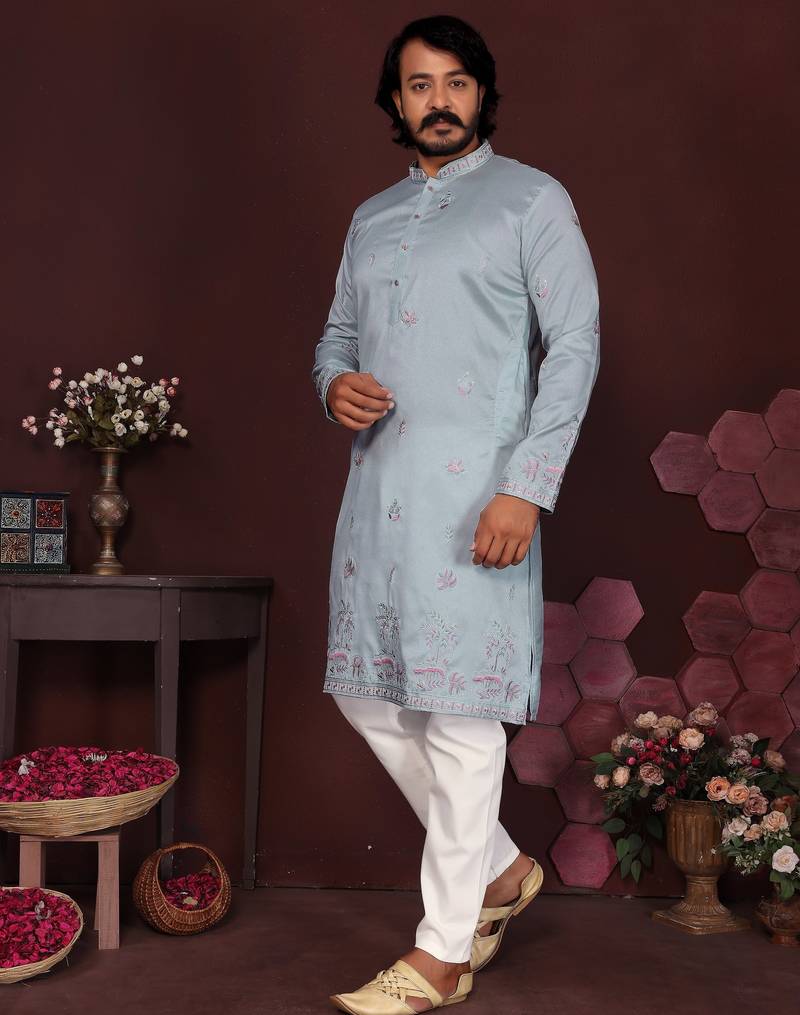 Sky blue embroidered cotton blend band collar men's designer kurta pyjama set     festive wear