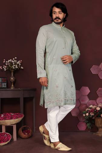 Mint green embroidered cotton blend kurta pyjama set | designer thread work festive wear