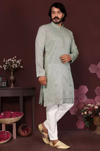 Mint green embroidered cotton blend kurta pyjama set | designer thread work festive wear