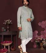 Mint green embroidered cotton blend kurta pyjama set | designer thread work festive wear