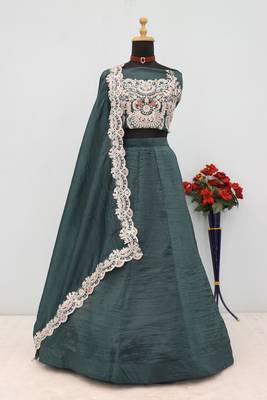 Teal Gold Crush Sequins and Thread Embroidery Work Lehenga set with choli and dupatta 5