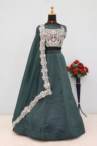 Teal Gold Crush Sequins and Thread Embroidery Work Lehenga set with choli and dupatta