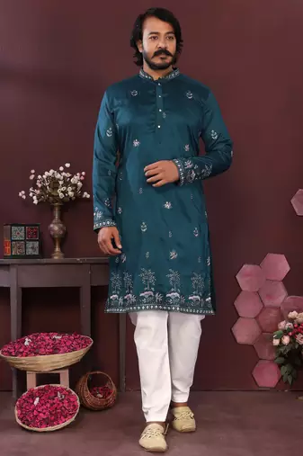 Teal blue resham embroidered blended cotton traditional kurta pyjama set wedding & festive wear