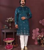 Teal blue resham embroidered blended cotton traditional kurta pyjama set wedding & festive wear