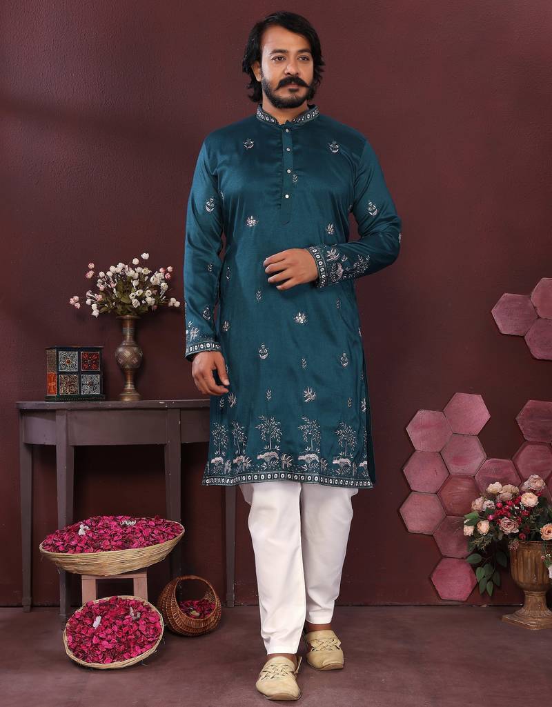 Teal blue resham embroidered blended cotton traditional kurta pyjama set wedding & festive wear