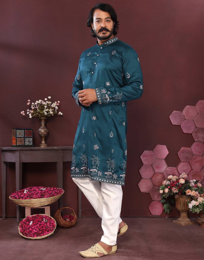 Teal blue resham embroidered blended cotton traditional kurta pyjama set wedding & festive wear