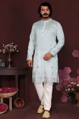 Aqua blue embroidered blended cotton traditional kurta + pyjama