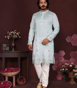 Aqua blue embroidered blended cotton traditional kurta + pyjama