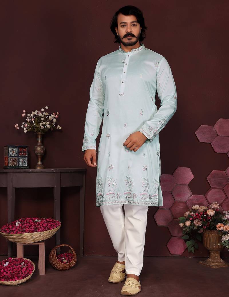 Aqua blue embroidered blended cotton traditional kurta + pyjama