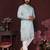 Aqua blue embroidered blended cotton traditional kurta + pyjama