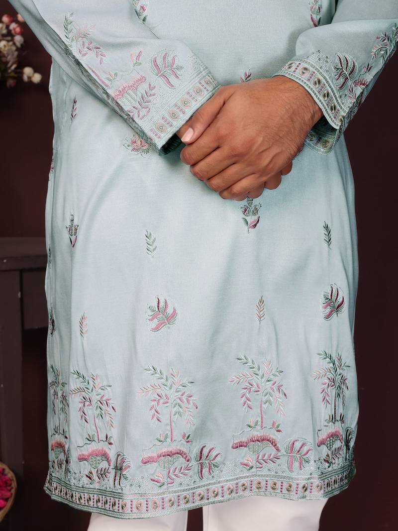 Aqua blue embroidered blended cotton traditional kurta + pyjama