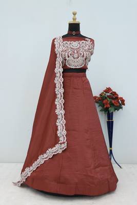 Rust Gold Crush Sequins and Thread Embroidery Work Lehenga set with choli and dupatta 5