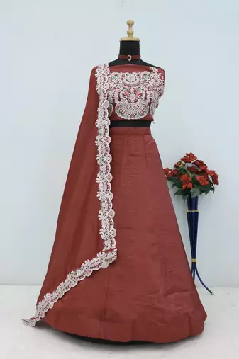 Rust Gold Crush Sequins and Thread Embroidery Work Lehenga set with choli and dupatta