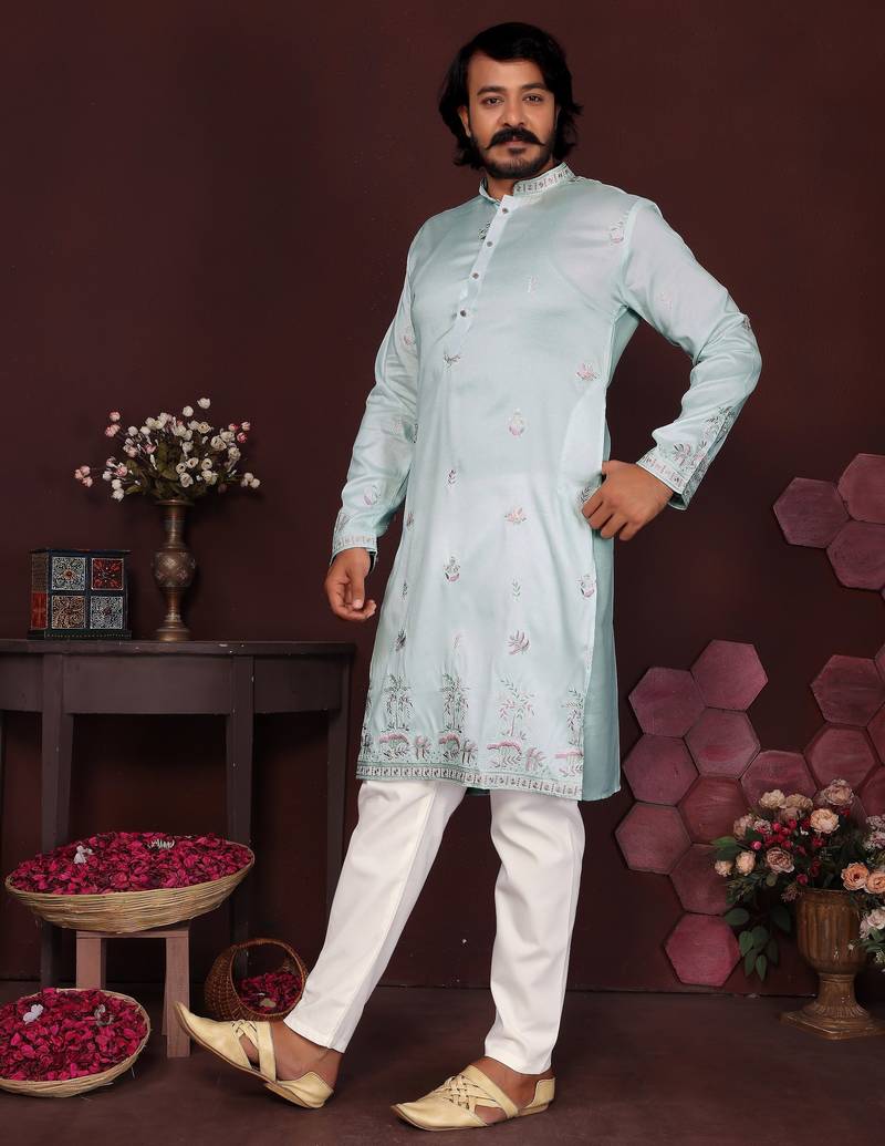 Aqua blue embroidered blended cotton traditional kurta + pyjama