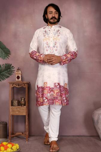 White khadi embroidered & printed designer kurta pyjama set for men     festival & wedding wear