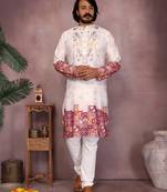 White khadi embroidered & printed designer kurta pyjama set for men     festival & wedding wear