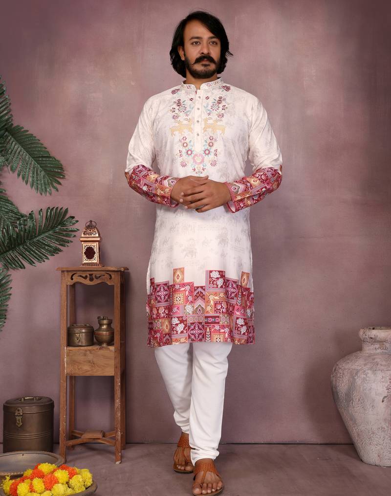 White khadi embroidered & printed designer kurta pyjama set for men     festival & wedding wear