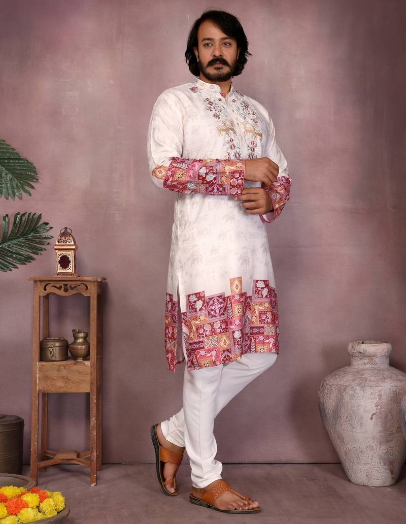 White khadi embroidered & printed designer kurta pyjama set for men     festival & wedding wear