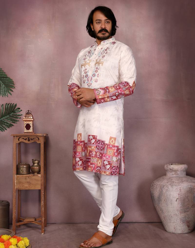 White khadi embroidered & printed designer kurta pyjama set for men     festival & wedding wear