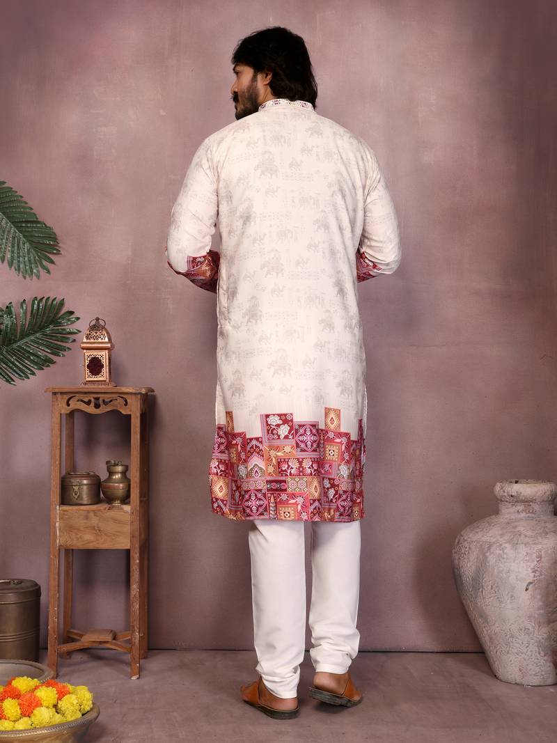 White khadi embroidered & printed designer kurta pyjama set for men     festival & wedding wear