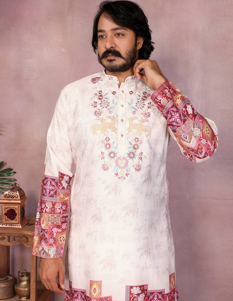 White khadi embroidered & printed designer kurta pyjama set for men     festival & wedding wear