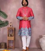 Red embroidered khadi cotton kurta with printed cuffs & white pyjama set – festive wear