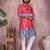 Red embroidered khadi cotton kurta with printed cuffs & white pyjama set – festive wear