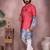 Red embroidered khadi cotton kurta with printed cuffs & white pyjama set – festive wear